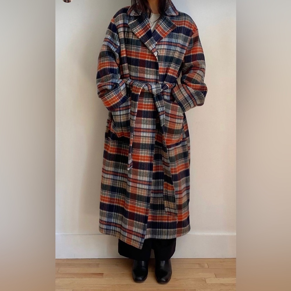 Marimekko Plaid Wool Long Trench Coat